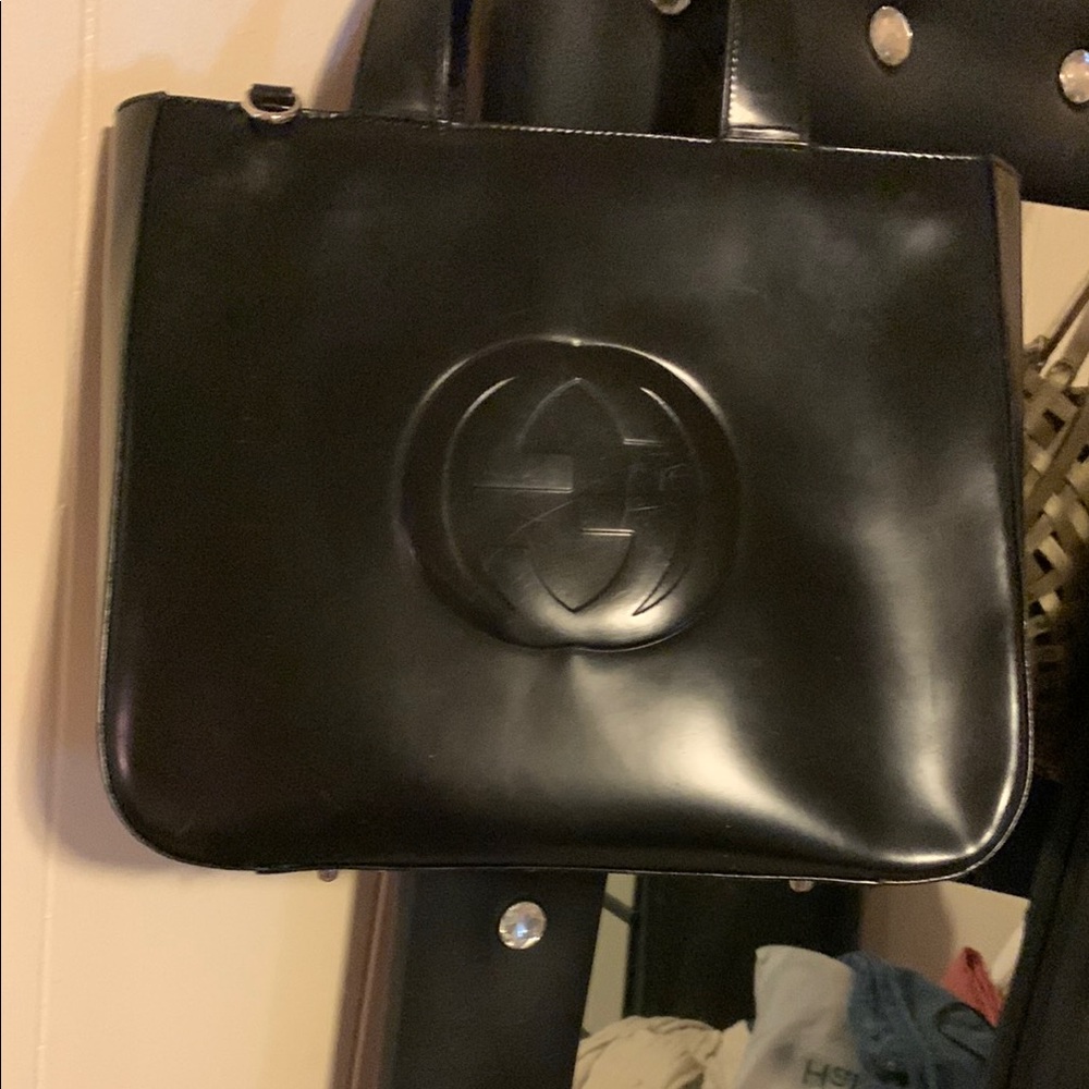 Gucci Black Leather Tote with Embossed Logo